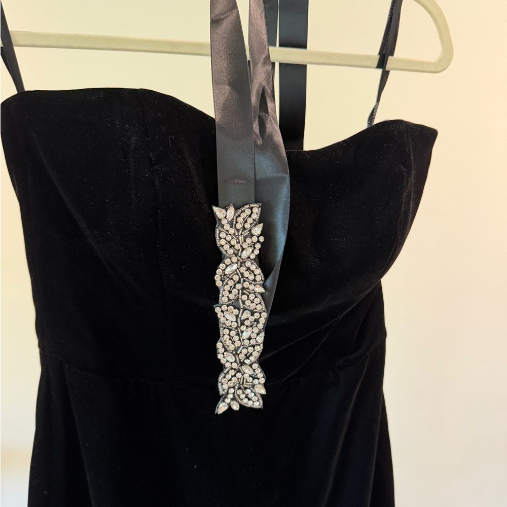 Dessy Collection long black velvet dress w/satin belt, size 2 - good for 5’2”